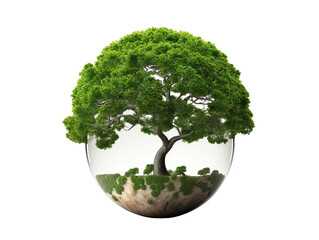 Green tree encased in a glass sphere symbolizing nature protection, environmental conservation, and ecological balance.
