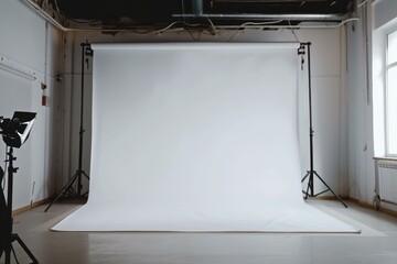 Empty photo studio with white background and lighting equipment