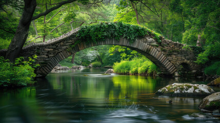 Fototapeta premium Serene Stone Bridge Over Tranquil River in Lush Green Forest with Reflections and Vibrant Foliage