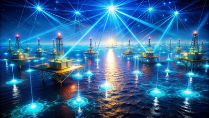 Fototapeta premium This is an illustration of an oil rig at night. The oil rig is surrounded by a sea of stars, and there is a bright light shining down from the sky. 