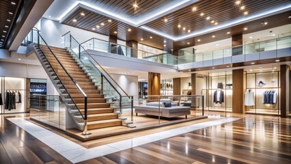 Fototapeta premium The image shows a modern and luxurious retail store interior with a wood staircase and glass railings. 
