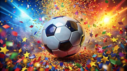 Fototapeta premium 3D rendering of a soccer ball on a colorful background with confetti.
