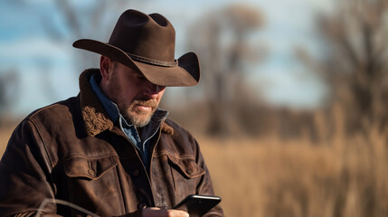 Fototapeta premium A man in a cowboy hat is looking at his cell phone. He is wearing a brown jacket and a blue shirt