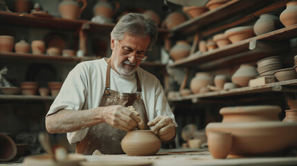 A man is working on a pottery piece in a workshop. He is wearing an apron and has a serious expression on his face. The workshop is filled with various pottery pieces, including vases and bowls