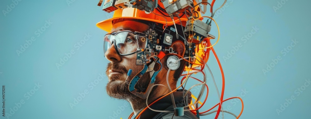 Poster the image shows a man wearing a hard hat with a lot of wires and electronic components attached to i
