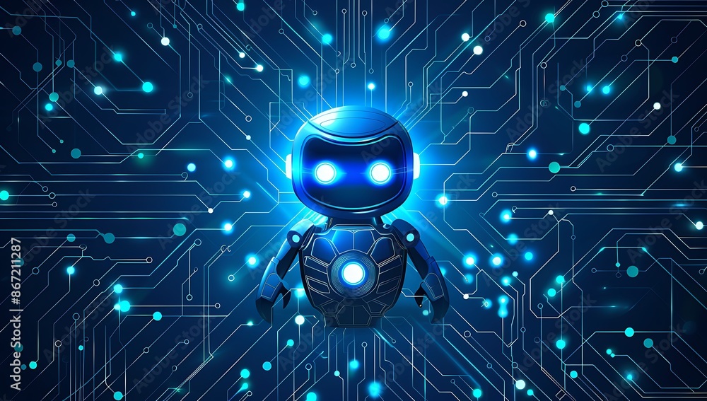 Poster a futuristic robot with glowing features stands against a backdrop of digital circuitry, highlightin