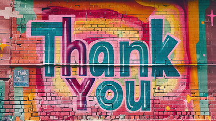 Playful "Thank You" adorned with vibrant rainbow colors on a joyful coral brick wall. Conveying gratitude with whimsical delight.