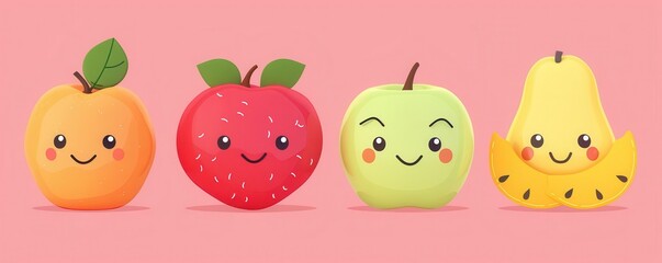 Fototapeta premium Cheerful fruits cartoon flat design front view orchard theme 3D render colored pastel