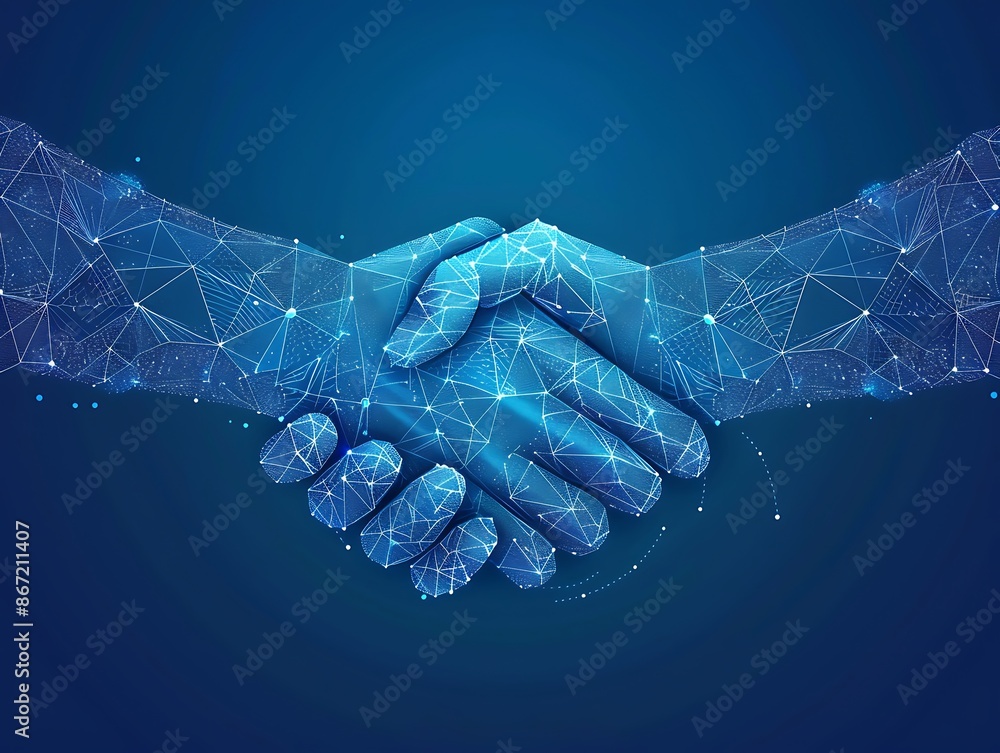 Aufkleber abstract handshake in low poly wireframe style on a blue background, depicting the concept of busine