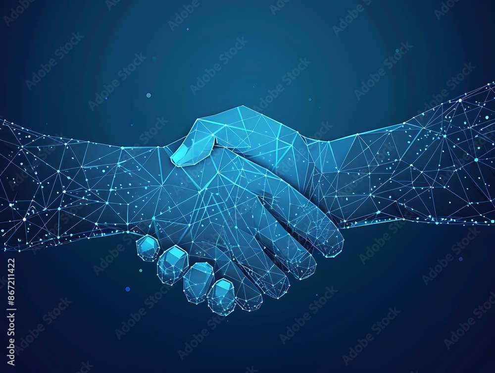 Aufkleber abstract handshake in low poly wireframe style on a blue background, depicting the concept of busine
