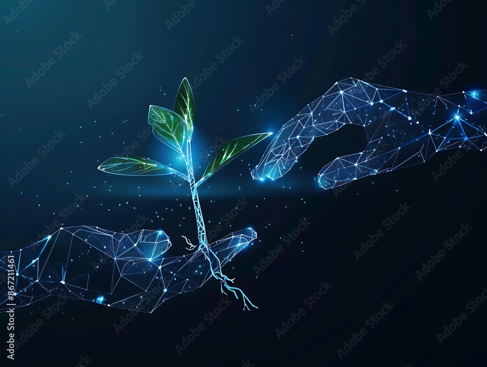 Wall mural Two hands reaching towards each other, one holding an abstract plant sprout made of blue lines on a dark background, symbolizing growth and connection in digital marketing. A futuristic style with - Wall murals