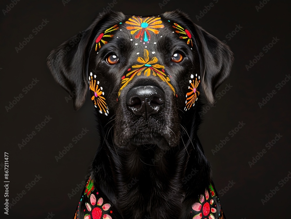 Poster photorealistic portrait of an old dark labrador retriever with indian-inspired face paint on a black