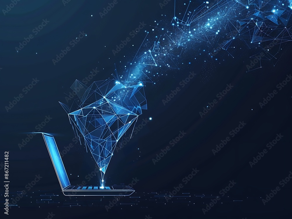 Poster a digital laptop emits a stream of glowing particles, symbolizing data transfer and technology in a 