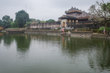 Hue, Vietnam - 6 Feb, 2024: Royal Garden Lake and Thai Binh Pavilion, Imperial City, Hue