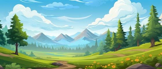 Scenic landscape of green fields, lush forest, and majestic mountains under a bright blue sky with fluffy clouds. Idyllic countryside illustration.