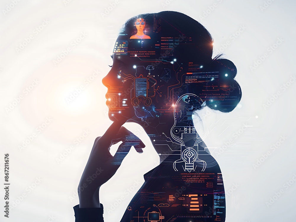 Aufkleber a profile silhouette of an individual with their hand on the chin, surrounded by digital symbols rep