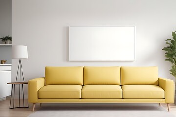 A mockup white frame in a yellow living room on the wall.