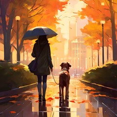 women walking her dog to city in a rainy peaceful environment.