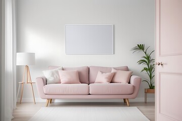 Mockup white frame in a pink-themed living room on the wall.