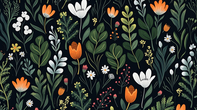 A dark green pattern with various leaves and flowers, including orange blossoms, pink petals, white tulips, and small blue foliage, white-green branches, seamless texture,seamless patterns