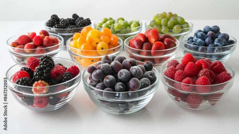 Poster a colorful array of wild berries and fruits arranged in elegant glass bowls freshly picked from the 