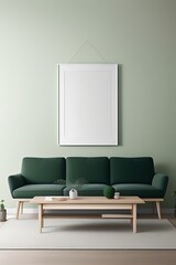 A mockup white frame in forest green and moss green living room on wall.