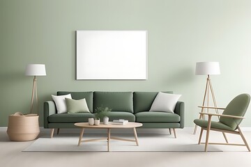 A mockup white frame in forest green and moss green living room on wall.