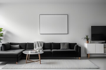 A mockup white frame in a black living room on wall.