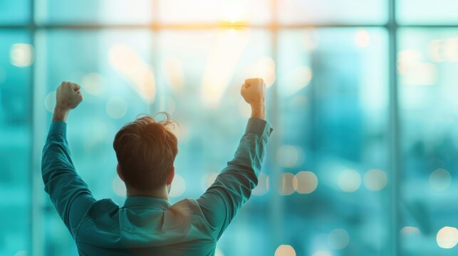 A business professional celebrating a major achievement with a joyful expression and arms raised, set against a modern office backdrop with plenty of copy space for customization.
