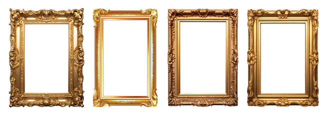 set of medieval ornate gilded picture frame isolated on a transparent background