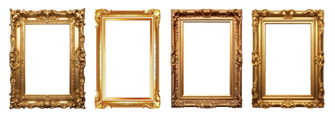 set of medieval ornate gilded picture frame isolated on a transparent background