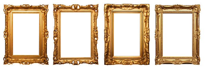 set of medieval ornate gilded picture frame isolated on a transparent background