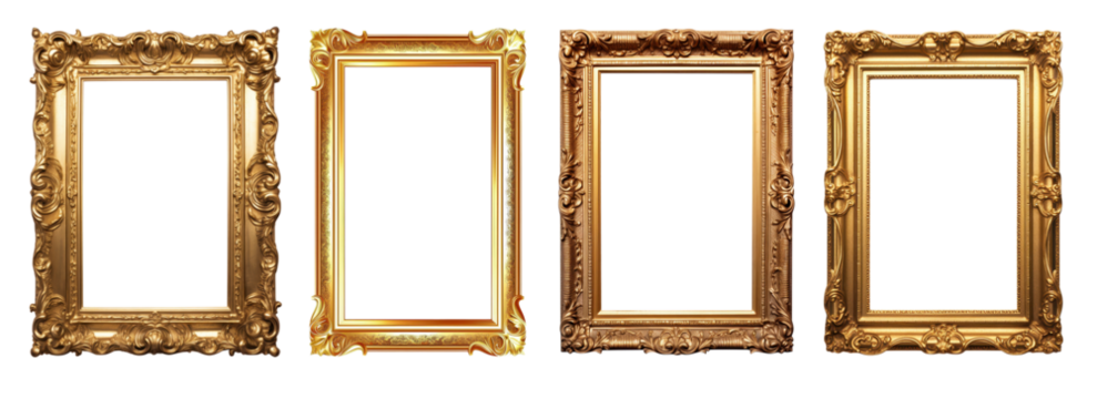 set of medieval ornate gilded picture frame isolated on a transparent background