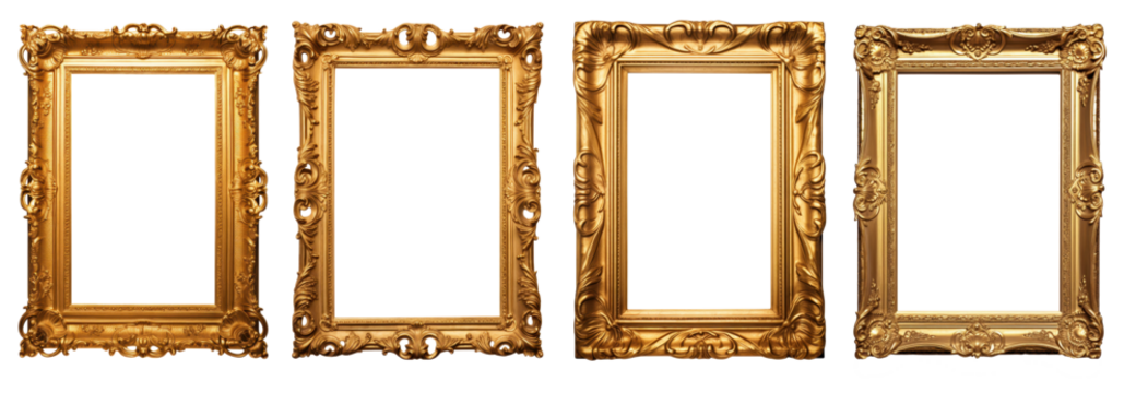 set of medieval ornate gilded picture frame isolated on a transparent background
