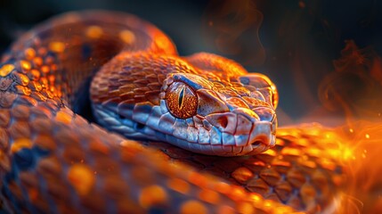 Fototapeta premium Close-up view of a snake engulfed in vibrant flames, showcasing the intensity of the fire and the striking image of the burning reptile.