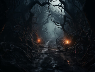 Dark Twisted Forest with Gnarled Trees and Glowing Eyes in the Shadows