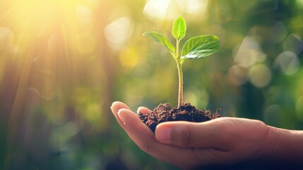 An inspirational stock photo illustrating the cultivation of a successful business, featuring hands carefully nurturing a small plant amidst a serene environment with plenty of copy space.