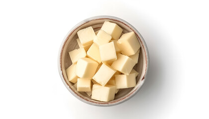 Tasty butter cubes in bowl isolated on white, top view