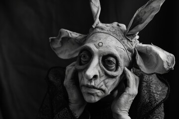 Obraz premium Elderly humanoid with large ears and intricate facial markings posing sadly