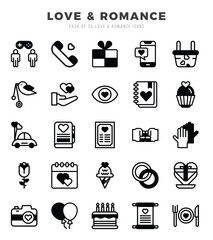 Collection of Love & Romance 25 Lineal Filled Icons Pack.