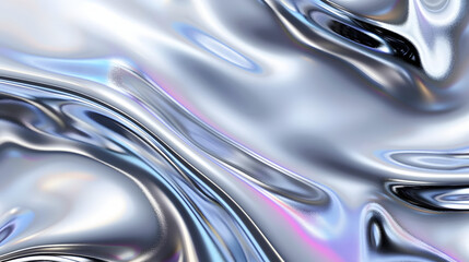 An abstract background depicting liquid metal with a chrome finish, showing a silver gradient and iridescent hues that create a modern and sleek visual texture