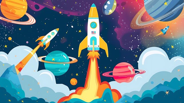 Create a colorful learning poster for kids with a theme of space exploration