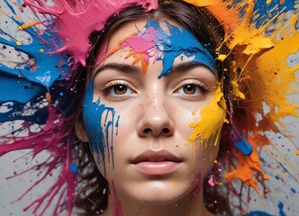 An image of a woman face with explosive splashes of colorful paint