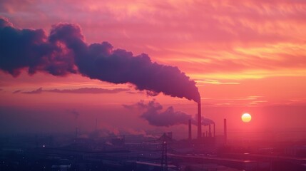 Industrial Pollution at Sunset: Factory Emitting Smoke with Rising Fuel Prices