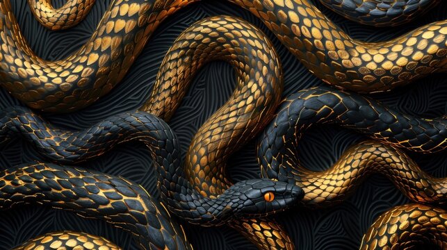 Black and gold snake slithering on black background