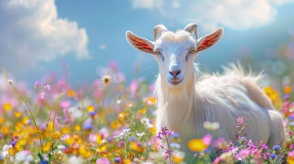 Obraz premium White goat standing in field of flowers