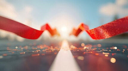 A business team crossing the finish line of a race, representing the achievement of business goals and realization, with ample copy space for text.