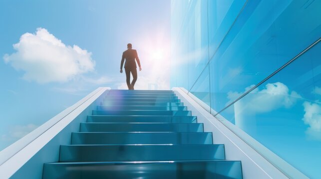 A business professional reaching the top of a staircase in a modern office building, symbolizing the achievement of success and mastery. The image provides ample copy space for customization.