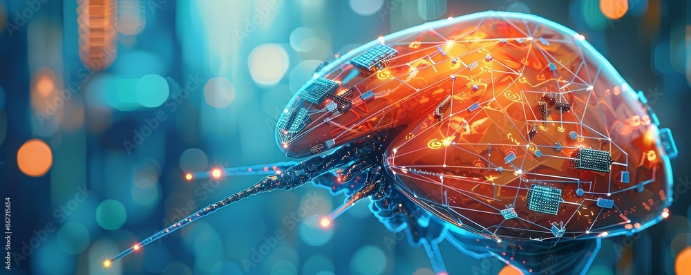 Aufkleber an illustration of a brain with a circuit board pattern on the surface. the brain is orange and the 