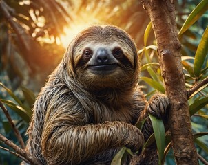 Naklejka premium Sloth on a tree branch against the backdrop of sunset in the jungle